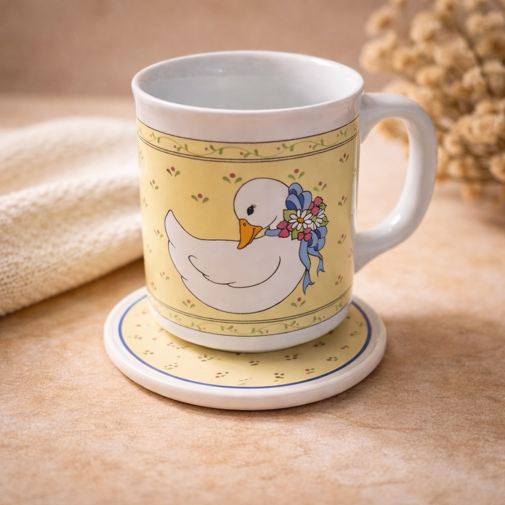 Vintage Duck Mug with Lid Coaster Set Cottagecore Country Kitchen Spring